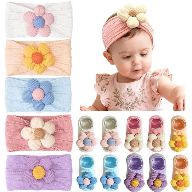 JOYOYO 5 Colors Baby Flower Headbands and Socks Baby Girls Nylon Headband Soft Hairbands Hair Accessories for Newborn Infant Toddler Kids - Image 1
