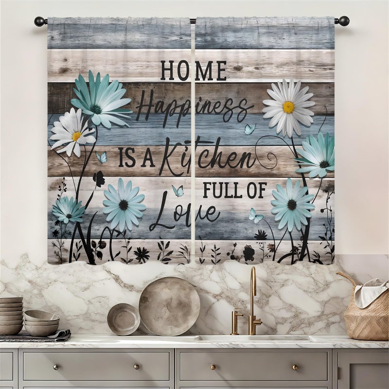 Famiffty Teal Blue Daisy Kitchen Curtains 27.5W X 39L Inch 2 Panel Rod Pocket Farmhouse Floral Rustic Wooden Plank Board Inspirational Small Short Cafe Tier Vintage Retro Window Drapes Bathroom Decor - Image 1