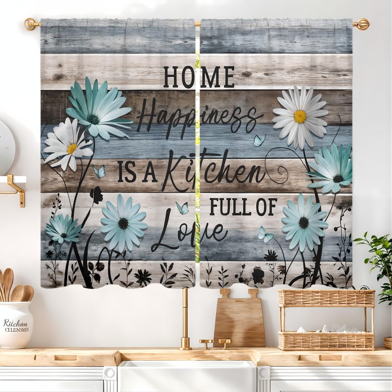 Famiffty Teal Blue Daisy Kitchen Curtains 27.5W X 39L Inch 2 Panel Rod Pocket Farmhouse Floral Rustic Wooden Plank Board Inspirational Small Short Cafe Tier Vintage Retro Window Drapes Bathroom Decor - Image 2