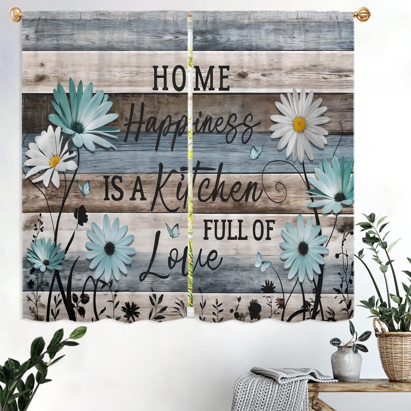 Famiffty Teal Blue Daisy Kitchen Curtains 27.5W X 39L Inch 2 Panel Rod Pocket Farmhouse Floral Rustic Wooden Plank Board Inspirational Small Short Cafe Tier Vintage Retro Window Drapes Bathroom Decor - Image 3