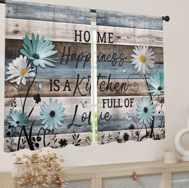 Famiffty Teal Blue Daisy Kitchen Curtains 27.5W X 39L Inch 2 Panel Rod Pocket Farmhouse Floral Rustic Wooden Plank Board Inspirational Small Short Cafe Tier Vintage Retro Window Drapes Bathroom Decor - Image 4