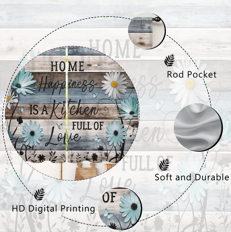 Famiffty Teal Blue Daisy Kitchen Curtains 27.5W X 39L Inch 2 Panel Rod Pocket Farmhouse Floral Rustic Wooden Plank Board Inspirational Small Short Cafe Tier Vintage Retro Window Drapes Bathroom Decor - Image 5