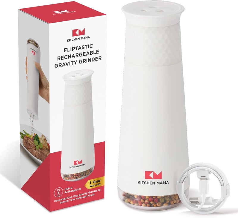 Kitchen Mama FlipTastic Rechargeable Salt and Pepper Grinder – Gravity Electric Grinder, Pepper Mill, Adjustable Coarseness, One-Hand Operation, Large Capacity, Refillable Kitchen Gadgets (White) - Image 1