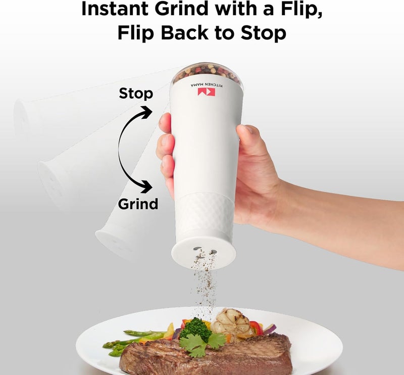Kitchen Mama FlipTastic Rechargeable Salt and Pepper Grinder – Gravity Electric Grinder, Pepper Mill, Adjustable Coarseness, One-Hand Operation, Large Capacity, Refillable Kitchen Gadgets (White) - Image 3