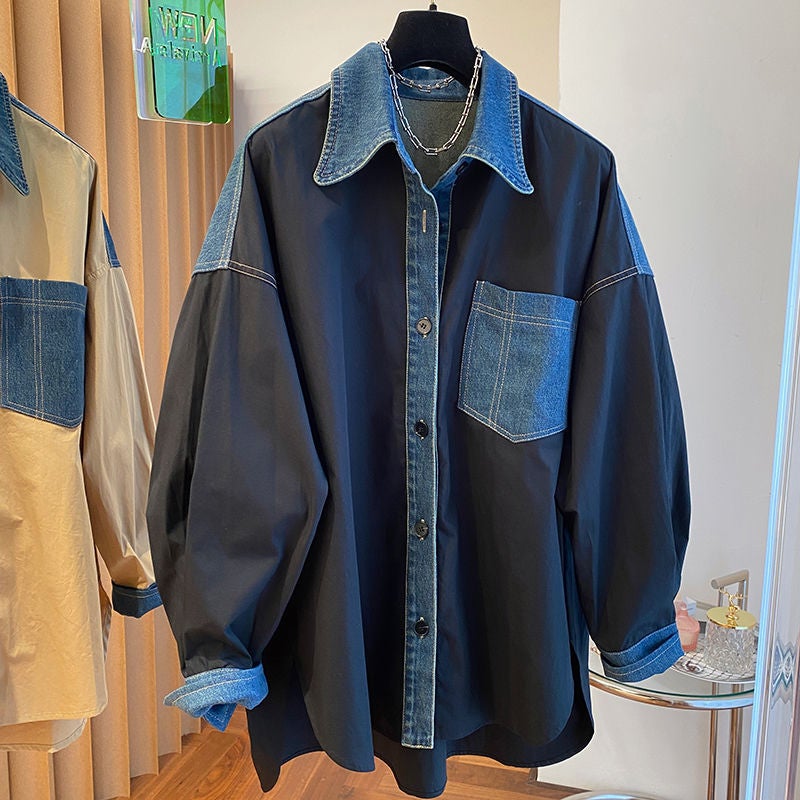 2024 Early Autumn Patchwork Denim Shirt Womens Trendy 8999 Black  - Image 1