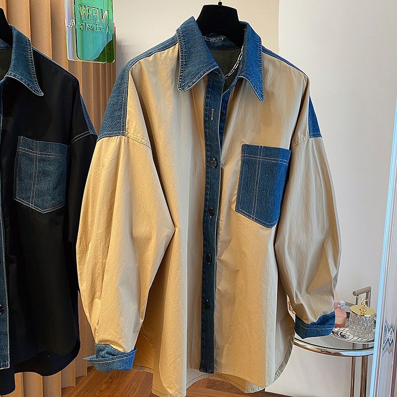 2024 Early Autumn Patchwork Denim Shirt Womens Trendy 8999 Black  - Image 3