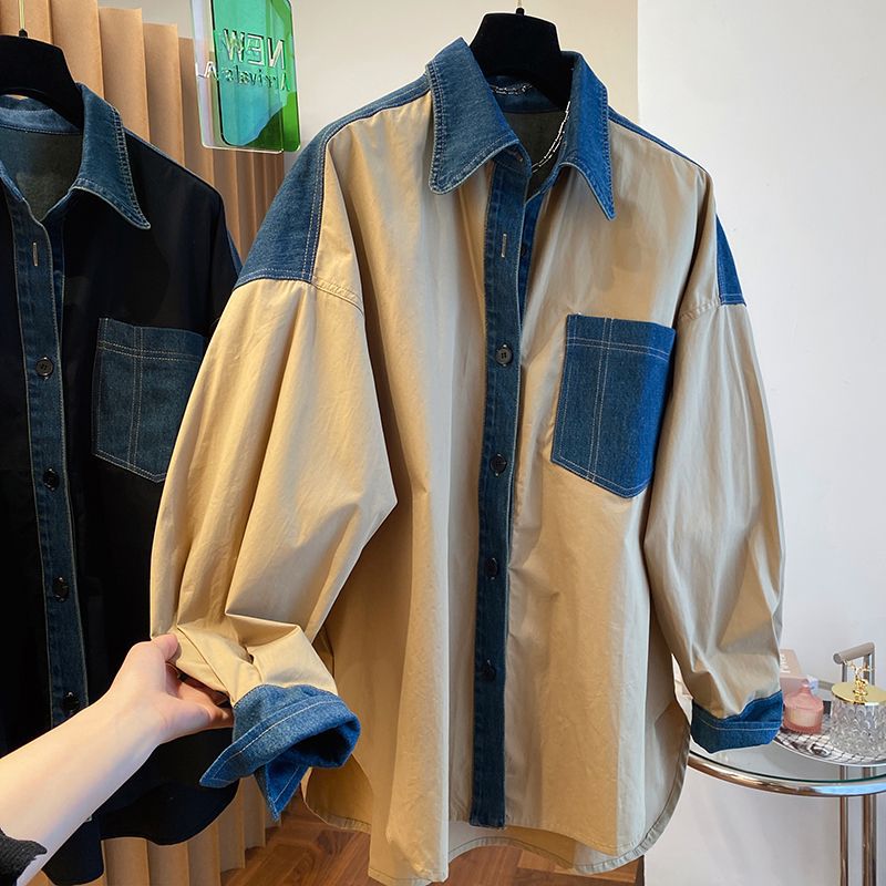 2024 Early Autumn Patchwork Denim Shirt Womens Trendy 8999 Black  - Image 4