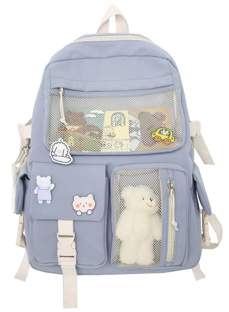 Kawaii Backpacks for Teen Girls with Cute Pins and Accessories Including Bear Pendant and Badges - Image 1