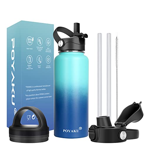 POYAKU Water Bottle Insulated 32oz 40oz 64oz 128oz Straw Lid Spout Lid & 3 Lids, Leak Proof, Vacuum Insulated,Stainless Steel Water Bottle Wide Mouth for Sports, Gym or Office (Pacific Prince, 32 oz) - Image 1