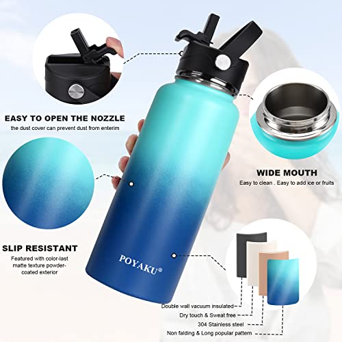 POYAKU Water Bottle Insulated 32oz 40oz 64oz 128oz Straw Lid Spout Lid & 3 Lids, Leak Proof, Vacuum Insulated,Stainless Steel Water Bottle Wide Mouth for Sports, Gym or Office (Pacific Prince, 32 oz) - Image 4