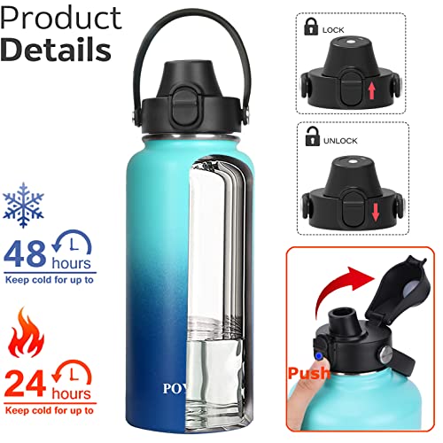 POYAKU Water Bottle Insulated 32oz 40oz 64oz 128oz Straw Lid Spout Lid & 3 Lids, Leak Proof, Vacuum Insulated,Stainless Steel Water Bottle Wide Mouth for Sports, Gym or Office (Pacific Prince, 32 oz) - Image 2