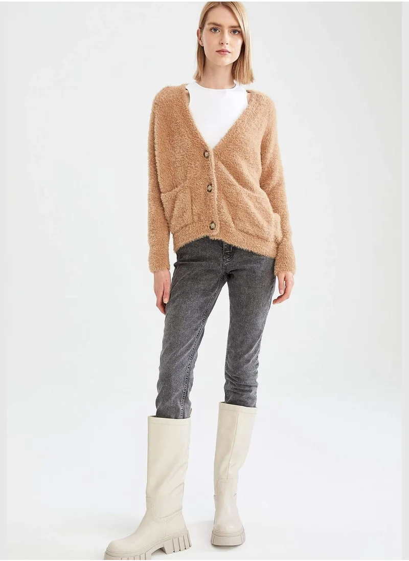 DeFacto Oversize V-Neck  Buttoned Fluffy Cardigan