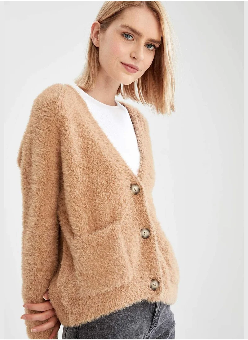 DeFacto Oversize V-Neck  Buttoned Fluffy Cardigan