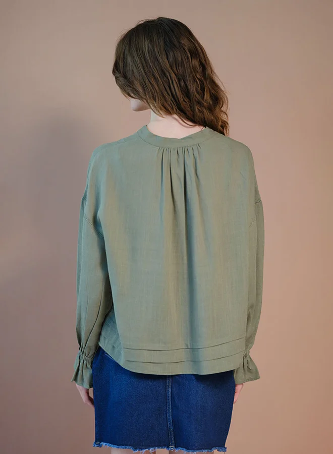 Virgio VIRGIO Linen Lace Detail Top With Blouson Sleeve