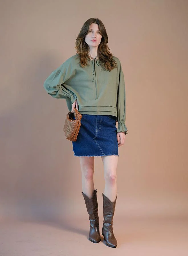 Virgio VIRGIO Linen Lace Detail Top With Blouson Sleeve