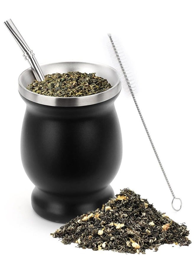 Fanski Yerba Mate Tea Cup, Stainless Steel Double Walled Easy Wash Household Insulation Gourds for Loose Leaf Drinking with Bombilla Straw, Black, 230 ML - Image 1