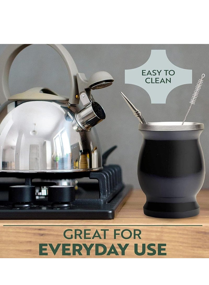 Fanski Yerba Mate Tea Cup, Stainless Steel Double Walled Easy Wash Household Insulation Gourds for Loose Leaf Drinking with Bombilla Straw, Black, 230 ML - Image 4