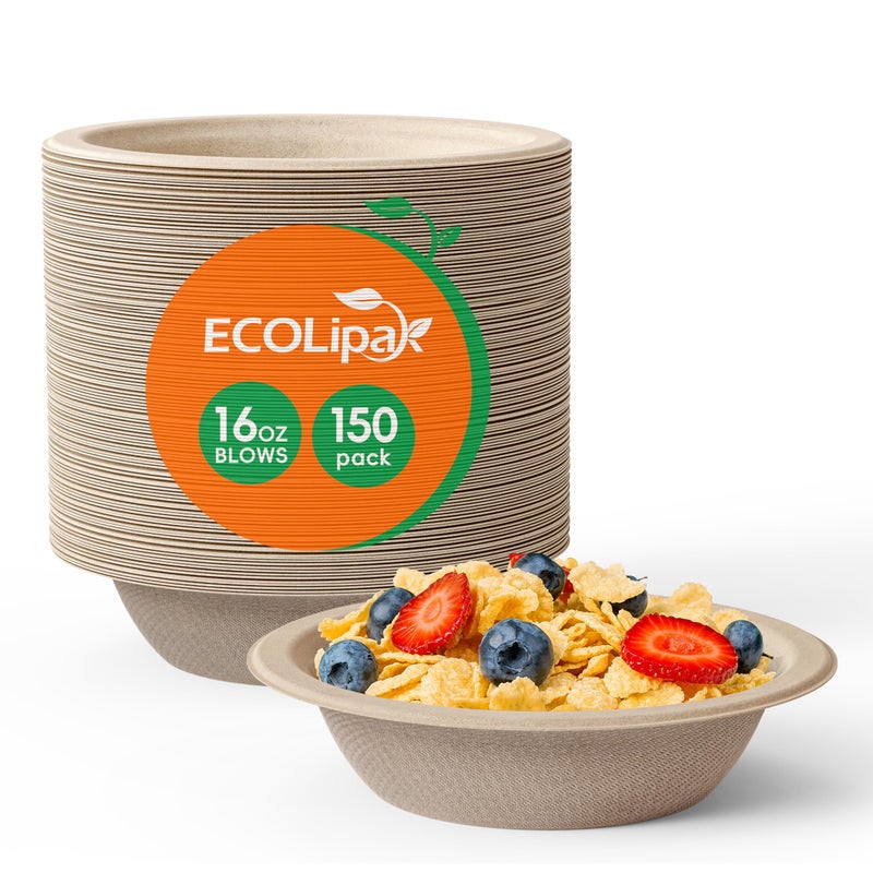 ECOLipak 150 Pack Compostable Disposable Paper Bowls  16 OZ Bagasse Heavy duty Biodegradable Eco Friendly Sugarcane Soup Bowls for Salad Dessert(Nature) - Image 1