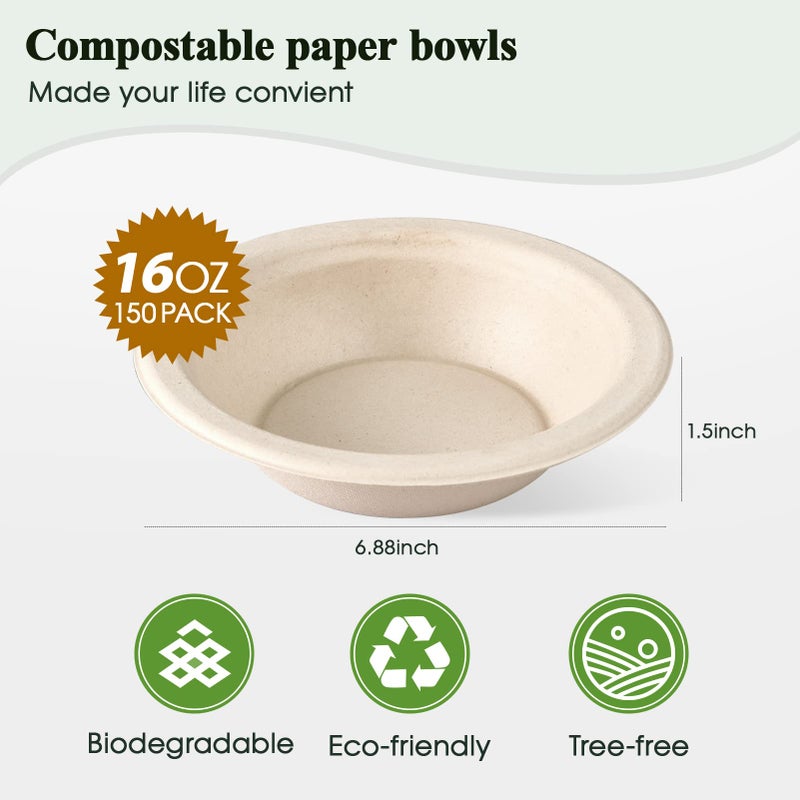 ECOLipak 150 Pack Compostable Disposable Paper Bowls  16 OZ Bagasse Heavy duty Biodegradable Eco Friendly Sugarcane Soup Bowls for Salad Dessert(Nature) - Image 2
