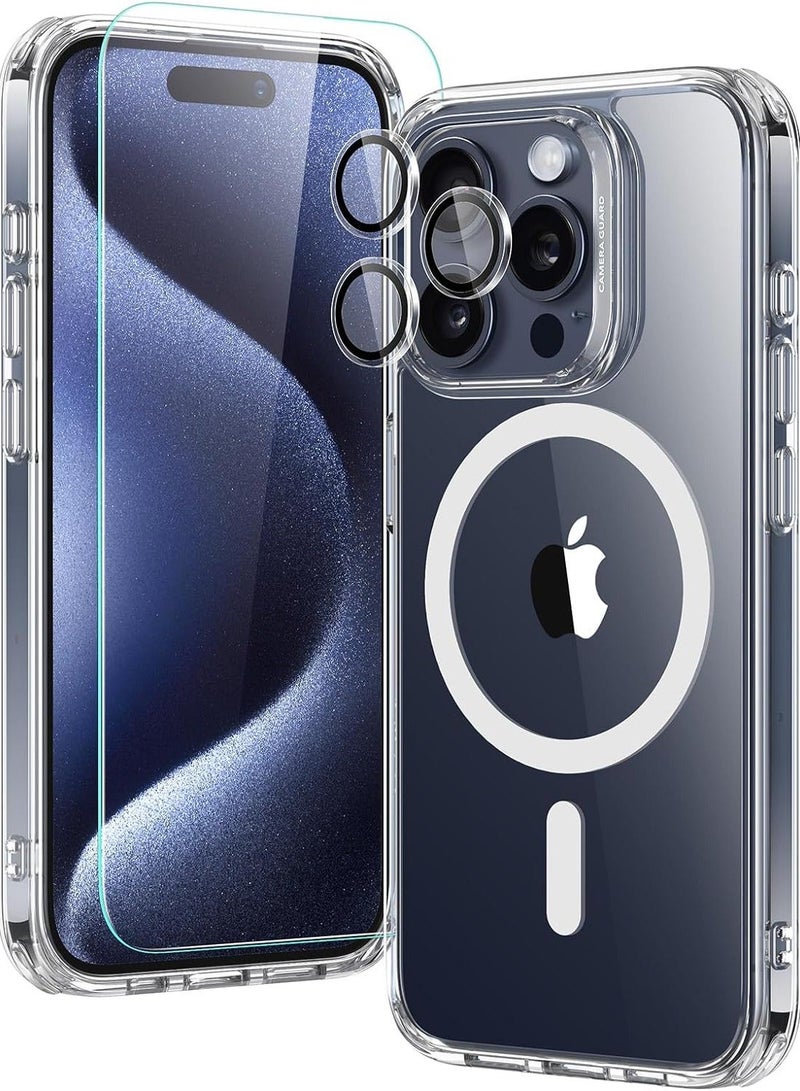 Raxoom iPhone 15 Pro Max Case Set, Compatible with MagSafe, 1 Tempered-Glass Screen Protector, 1 Set of Camera Lens Protectors, Yellowing and Scratch Resistant, Classic Series, Clear - Image 1