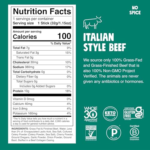 Chomps Grass-Fed and Finished Italian Beef Jerky Snack Sticks 10-Pack - Keto, Paleo, Whole30, 10g Lean Meat Protein, Gluten-Free, Zero Sugar Food, Non-GMO - Image 2
