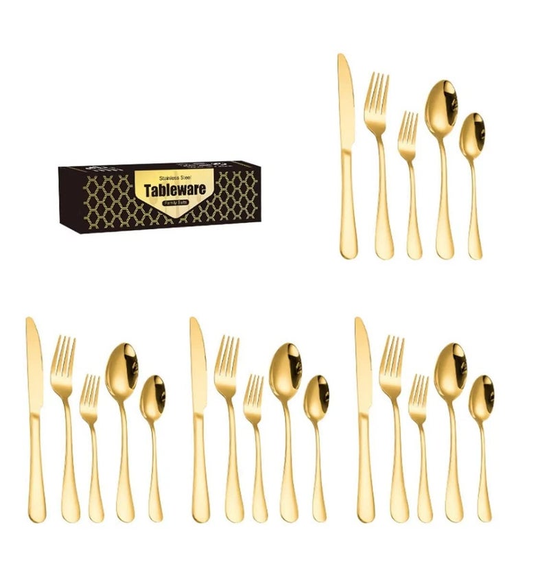 DLEST 20 Pieces Glory Stainless Steel Cutlery Set for Home Kitchen Contains 4 Dinner Spoons 4 Forks 4 Tea Spoons 4 Salad Forks 4 Knives 1 Box Spoon Set for Dining Table Stylish Gold - Image 1
