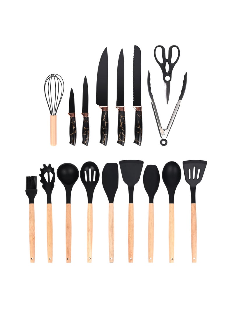 Ollieroo 19Pcs Kitchen Utensils Set And Knives Set 1950G - Black - Image 3