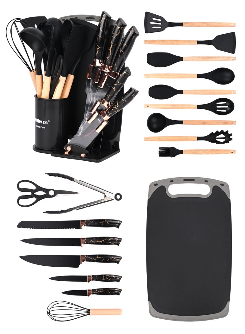 Ollieroo 19Pcs Kitchen Utensils Set And Knives Set 1950G - Black - Image 1