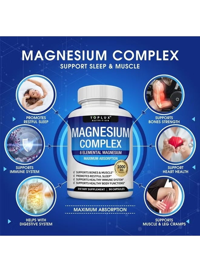 Toplux Magnesium Complex Supplement 8 Elemental Magnesium 1000mg - Magnesium Glycinate, Citrate, Malate, Taurate, Chelated for Easy Absorption for Bones, Muscle, Recovery, Energy, Vegan Non-GMO 90 Capsules  - Image 2
