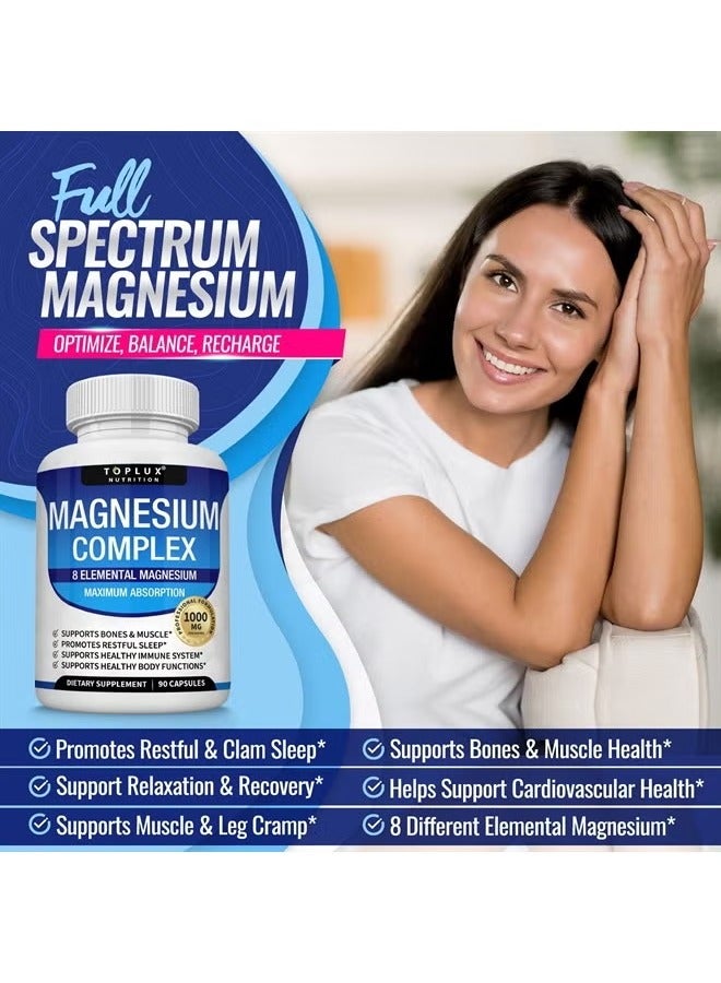 Toplux Magnesium Complex Supplement 8 Elemental Magnesium 1000mg - Magnesium Glycinate, Citrate, Malate, Taurate, Chelated for Easy Absorption for Bones, Muscle, Recovery, Energy, Vegan Non-GMO 90 Capsules  - Image 3
