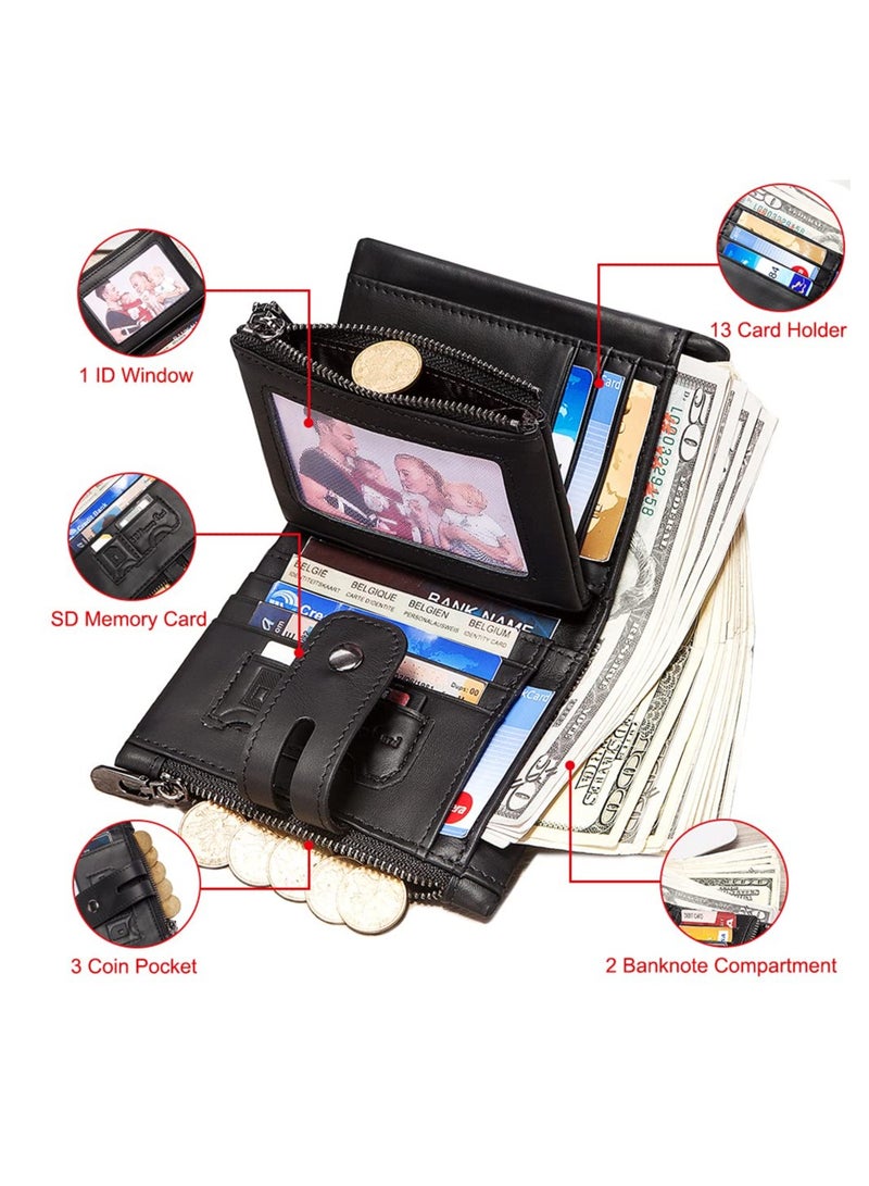 Men's RFID Blocking Genuine Leather Bifold Wallet with Anti-Theft Chain, Minimalist Design, Double Zipper Coin Pocket and ID Window (Black) - Image 3