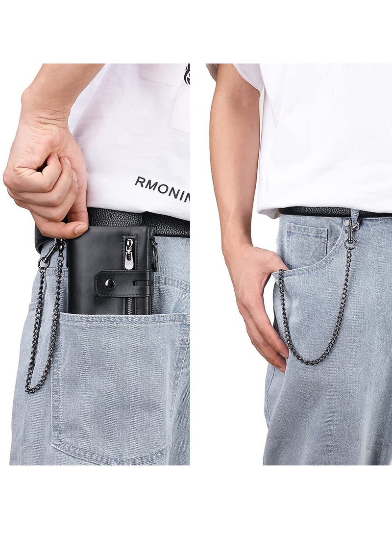 Men's RFID Blocking Genuine Leather Bifold Wallet with Anti-Theft Chain, Minimalist Design, Double Zipper Coin Pocket and ID Window (Black) - Image 2