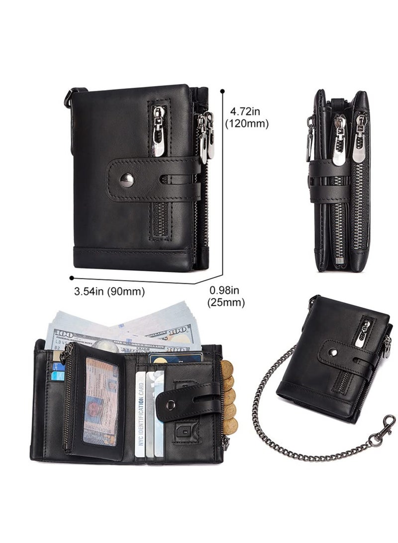 Men's RFID Blocking Genuine Leather Bifold Wallet with Anti-Theft Chain, Minimalist Design, Double Zipper Coin Pocket and ID Window (Black) - Image 5