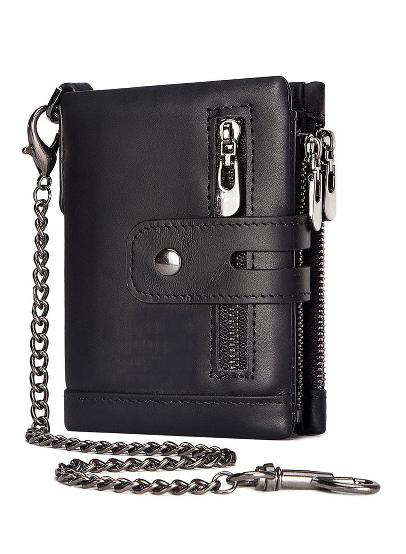 Men's RFID Blocking Genuine Leather Bifold Wallet with Anti-Theft Chain, Minimalist Design, Double Zipper Coin Pocket and ID Window (Black) - Image 1