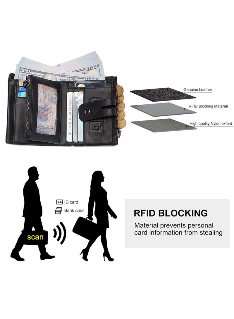 Men's RFID Blocking Genuine Leather Bifold Wallet with Anti-Theft Chain, Minimalist Design, Double Zipper Coin Pocket and ID Window (Black) - Image 4