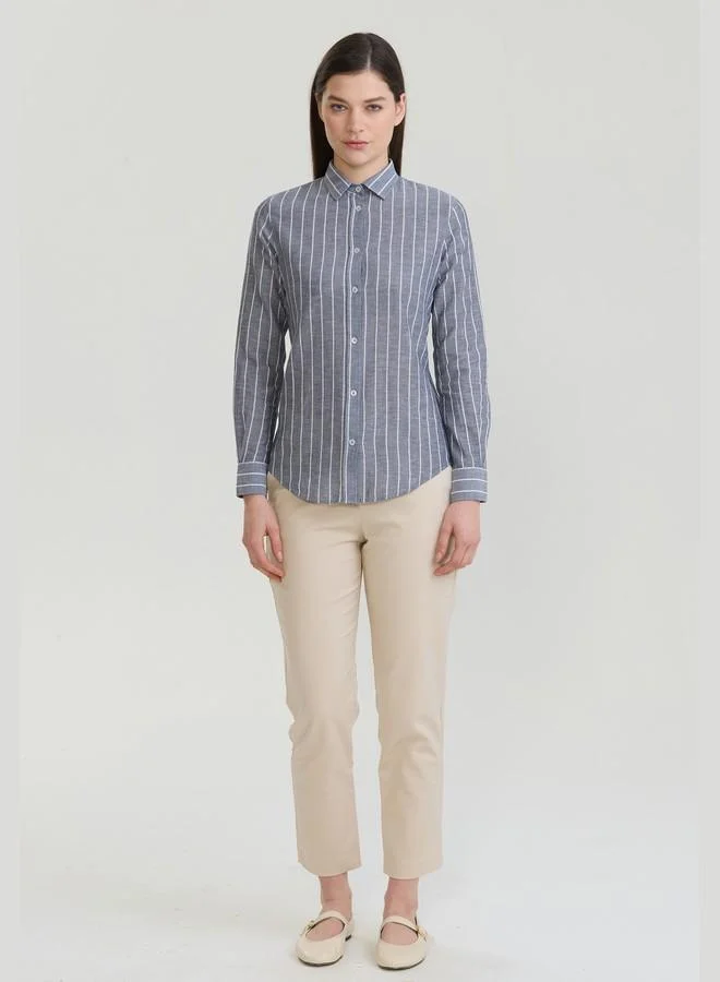 FELIX HARDY Navy Women's Cotton Linen Blend Long Sleeve Blouse Shirt for Women | Best Price UAE