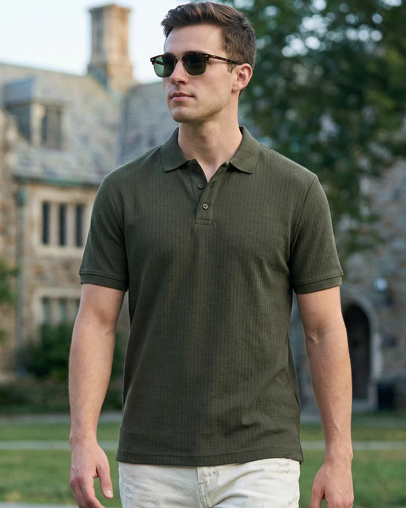Men's Olive Green Textured Polo T-shirt