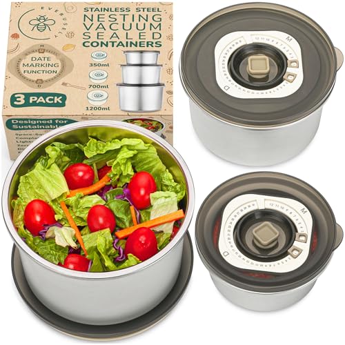 Everusely Vacuum Sealed Food Containers with Date Marking - Set of 3 Stainless Steel Metal Lunch Storage with Translucent Lids - Leakproof & Food Grade - Kitchen Nesting Bowls - Image 1