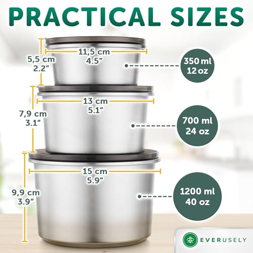 Everusely Vacuum Sealed Food Containers with Date Marking - Set of 3 Stainless Steel Metal Lunch Storage with Translucent Lids - Leakproof & Food Grade - Kitchen Nesting Bowls - Image 2
