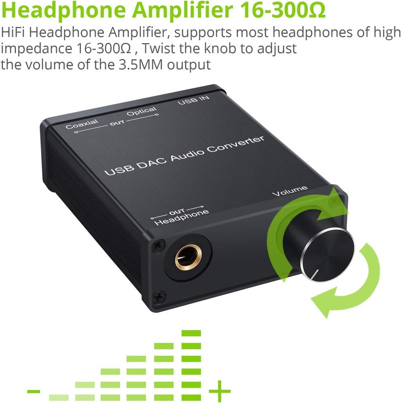 LiNKFOR USB DAC and Headphone Amplifier, Coaxial/Optical/6.35mm Headphone Output, USB to Coaxial S/PDIF Digital to Analog Converter Comaptible with Windows XP 7 10 and Mac PS4 PS3 - Image 3