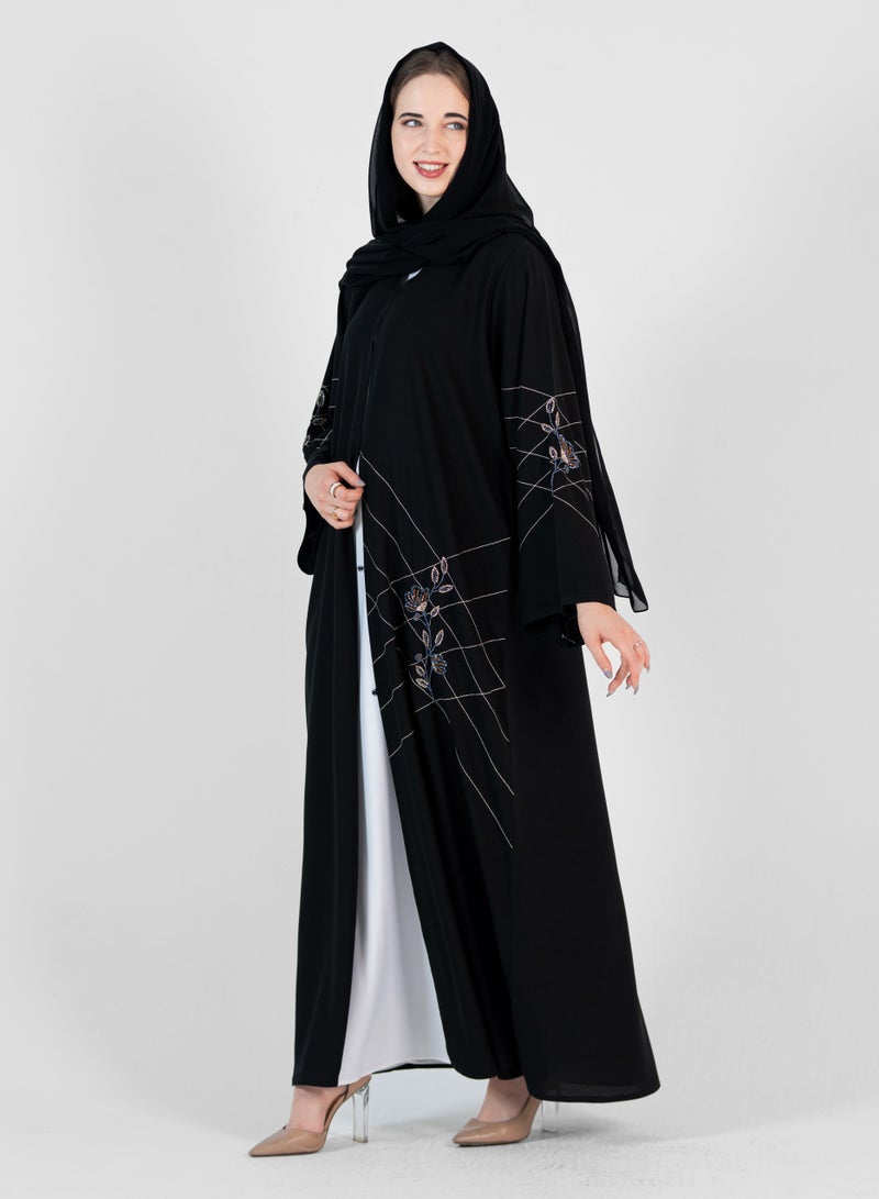 Rosette Abaya Embroidery Abaya Design with  Wide sleeves - Image 1