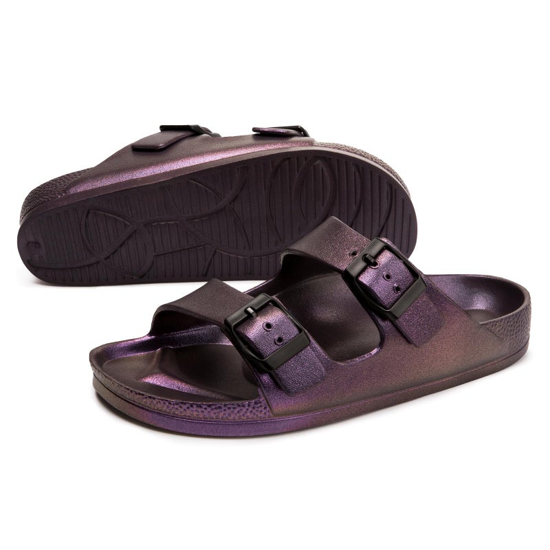 FUNKYMONKEY Women's Comfort Slides, Adjustable Double Buckle with Arch Support EVA Non-Slip Flat Sandals for Vacation & Daily Wear (8 M US, Variation Purple) - Image 4