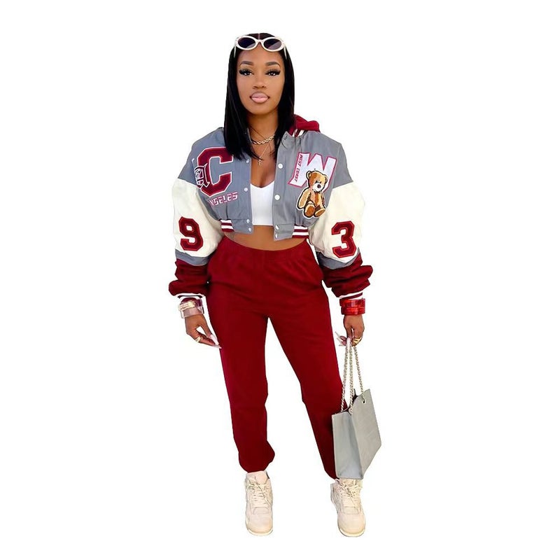 JJ6096 Casual Chic Baseball Jacket and Hat Set Burgundy - Image 5