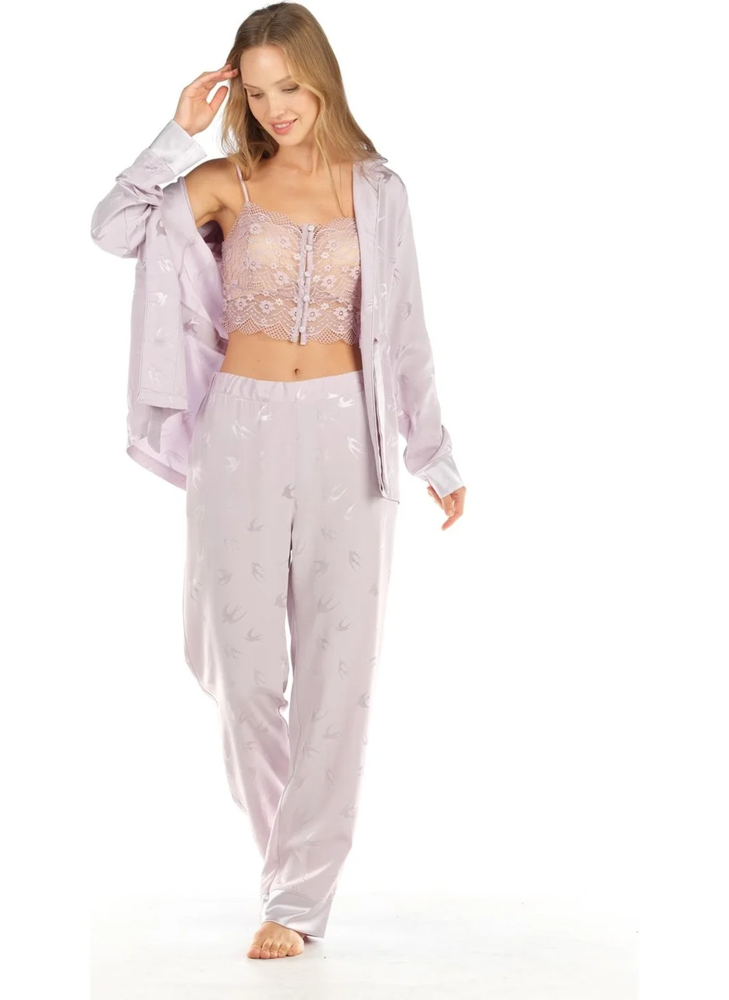 Feyza Women's 3-Piece Lace Bustier Jacquard Satin Lilac Pajama Set 4C8T0N4