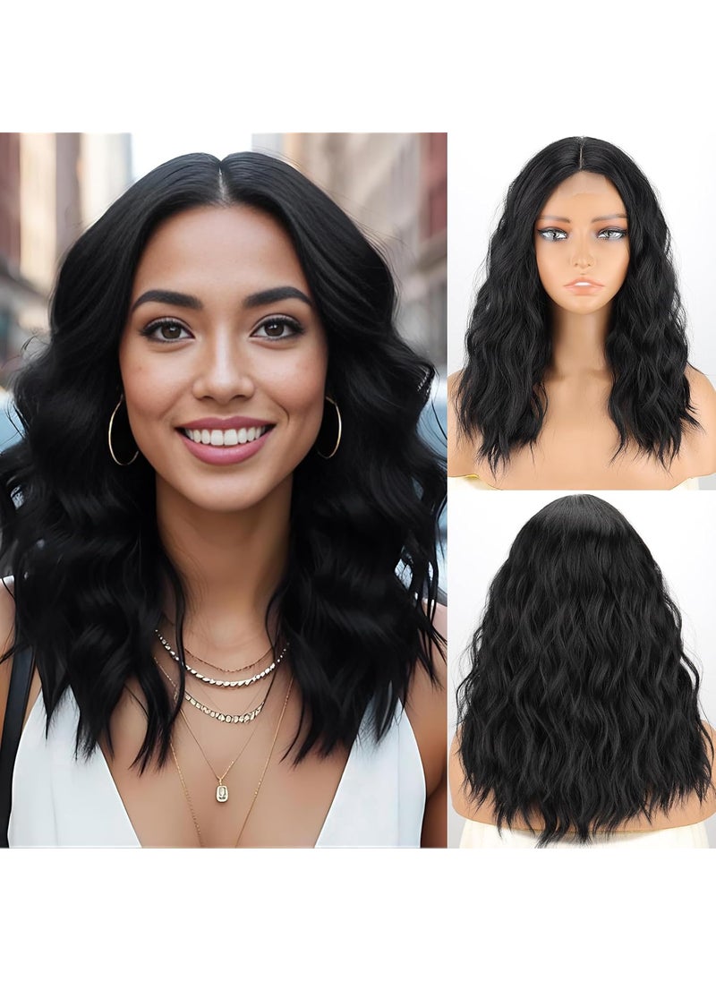 MISSQUEEN - MISSQUEEN 18 Inch Black Short Wavy Wig for Women Lace Hairline Bob Style Synthetic Heatresistant Natural Realistic Wig for Everyday Hairstyle Cosplay Party Use - Image 1