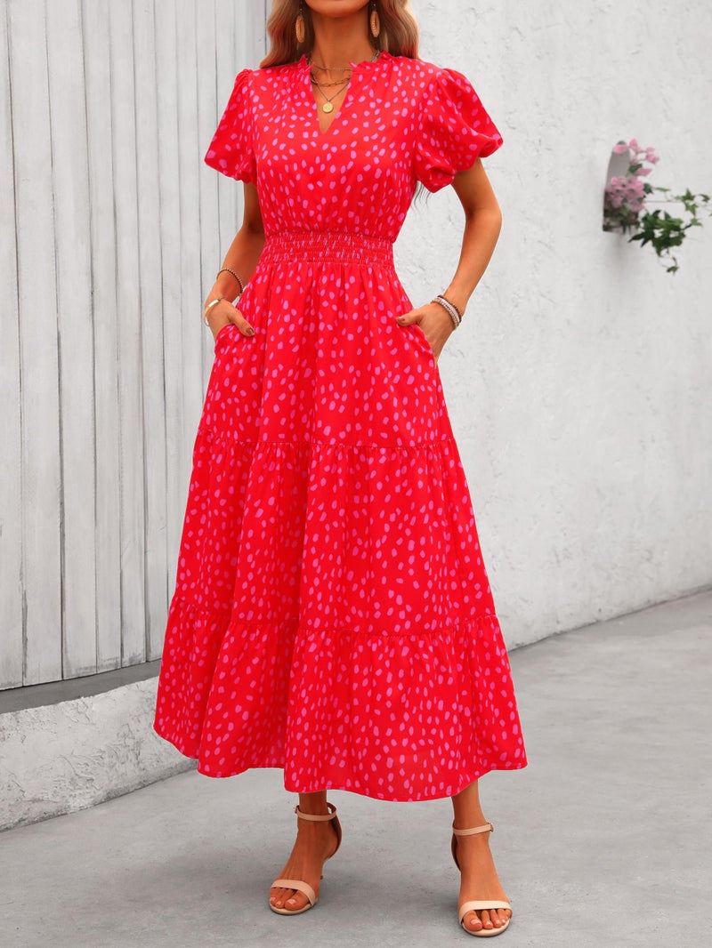 MASCOMODA Summer Maxi Dresses for Women 2025 Casual V Neck Puff Short Sleeve Smocked Flowy Beach Boho Long Floral Dress(Red Flower,Medium) - Image 2