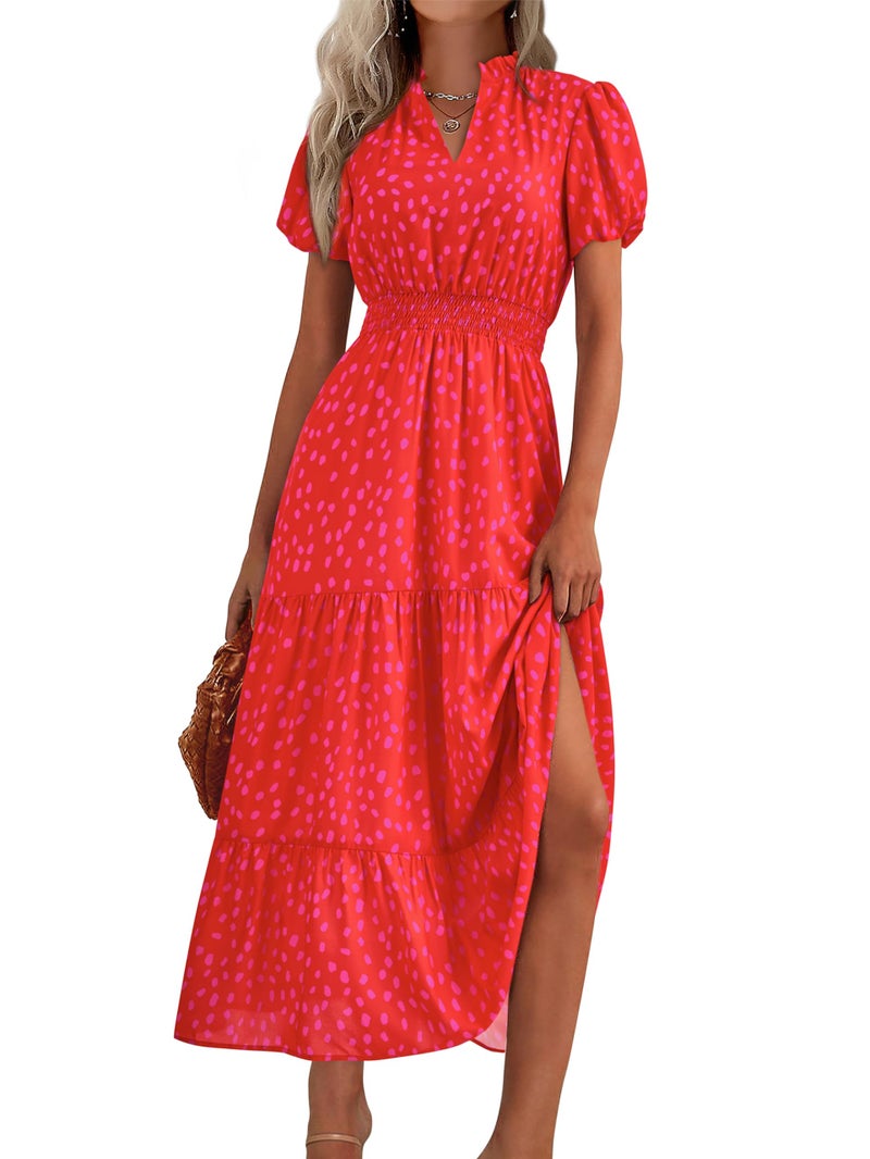 MASCOMODA Summer Maxi Dresses for Women 2025 Casual V Neck Puff Short Sleeve Smocked Flowy Beach Boho Long Floral Dress(Red Flower,Medium) - Image 1