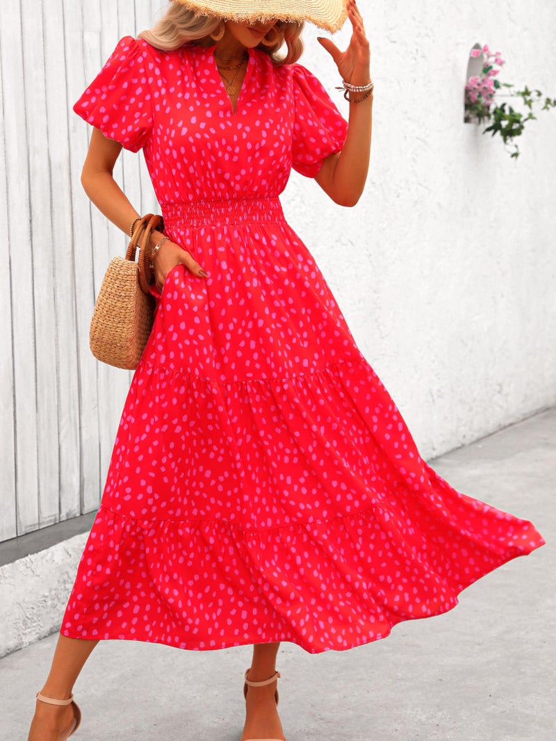 MASCOMODA Summer Maxi Dresses for Women 2025 Casual V Neck Puff Short Sleeve Smocked Flowy Beach Boho Long Floral Dress(Red Flower,Medium) - Image 4