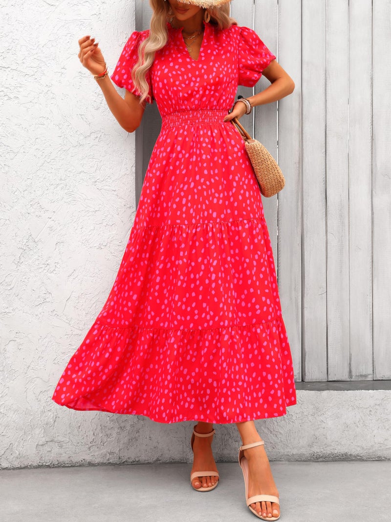 MASCOMODA Summer Maxi Dresses for Women 2025 Casual V Neck Puff Short Sleeve Smocked Flowy Beach Boho Long Floral Dress(Red Flower,Medium) - Image 3