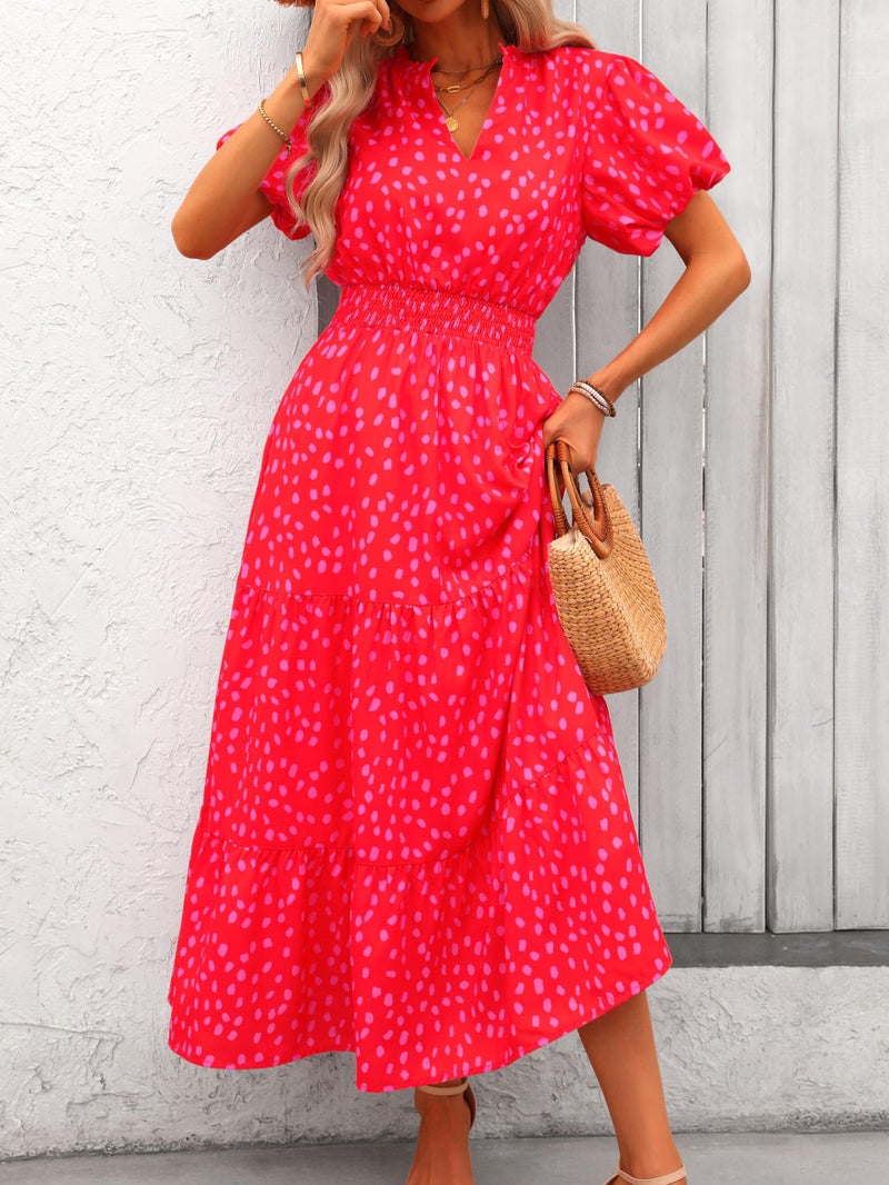 MASCOMODA Summer Maxi Dresses for Women 2025 Casual V Neck Puff Short Sleeve Smocked Flowy Beach Boho Long Floral Dress(Red Flower,Medium) - Image 5